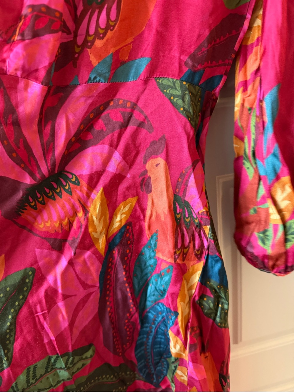 Farm Rio Red Rooster Leaves Long Sleeve Mini Dress size Medium - Picture 6 of 8